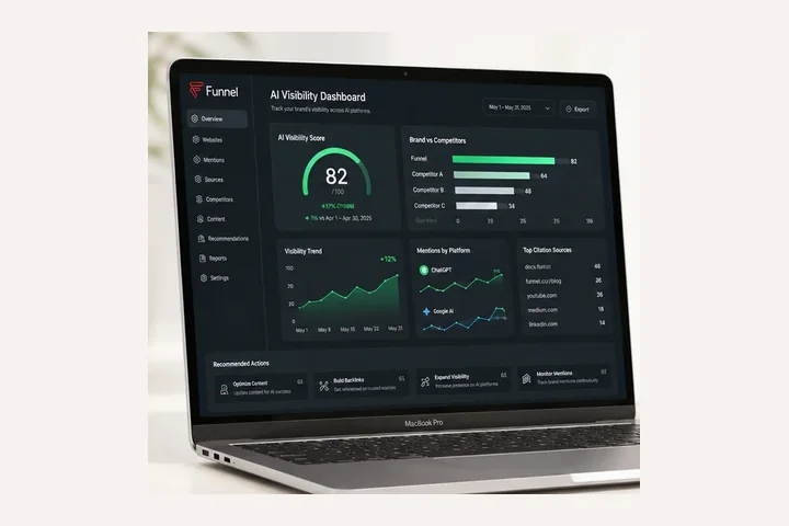 หน้าจอ AI Visibility Dashboard บนแล็ปท็อป แสดงคะแนนการมองเห็นแบรนด์ 82 เต็ม 100 เทียบกับคู่แข่ง